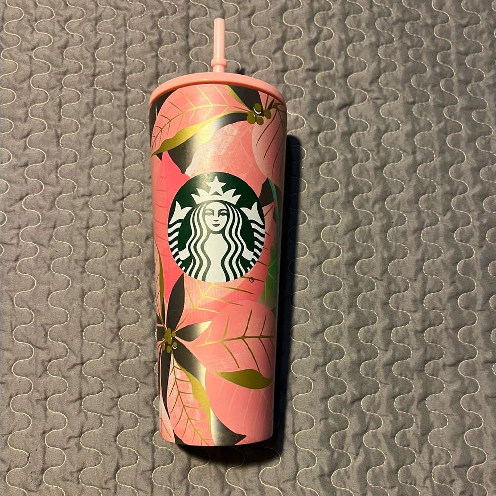 Starbucks Pink Floral Tumbler with Green Logo and Gold Accents
